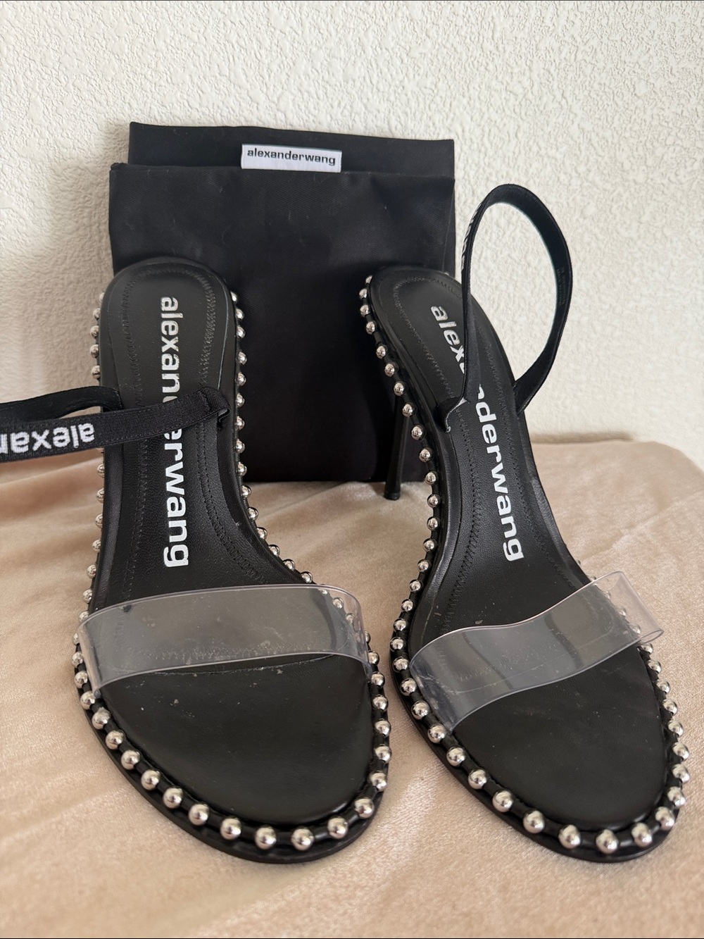 ALEXANDER WANG- Black Slingback Sandals with Clear Toe Strap/ Stud Trim SIZE 38